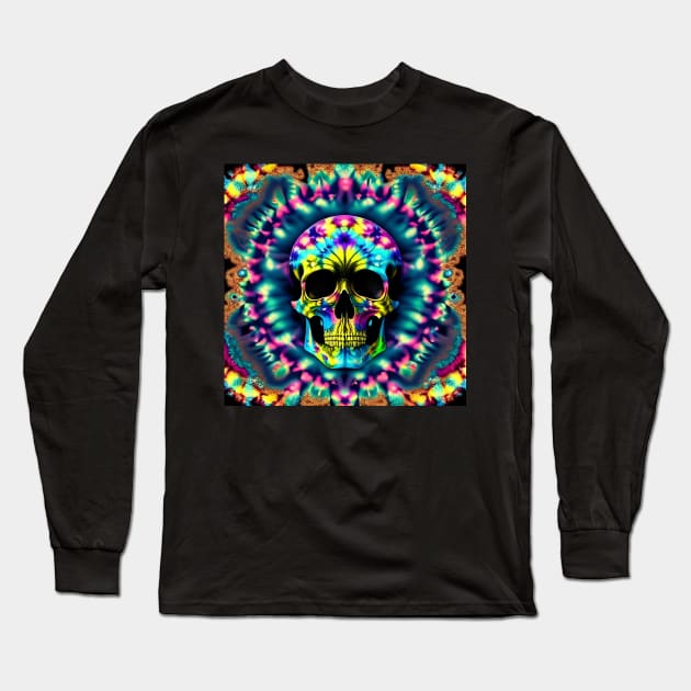 Skull Tie Dye Psychedelic Trippy Blue Festival Hippie Neon Long Sleeve T-Shirt by Anticulture